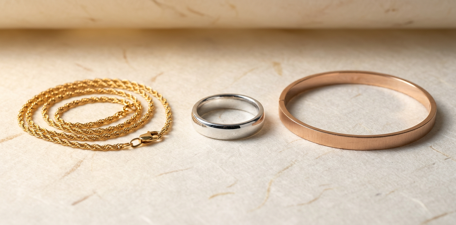 Tre ringar i olika metaller på marmoryta