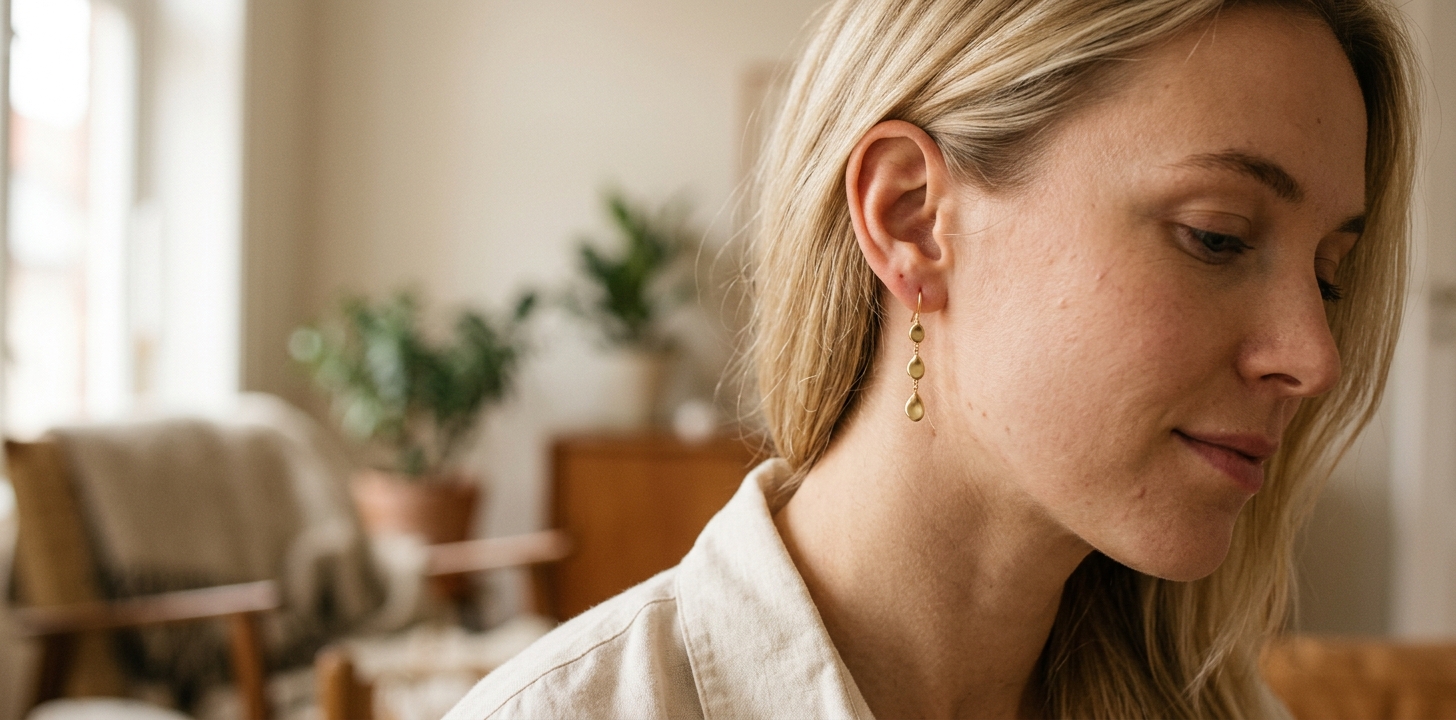 Kvinna med guld drop-örhängen i profil, skandinavisk lägenhetsmiljö i bakgrunden