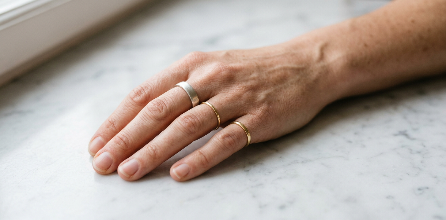 Närbild på hand med ringar på olika fingrar i skandinavisk miljö
