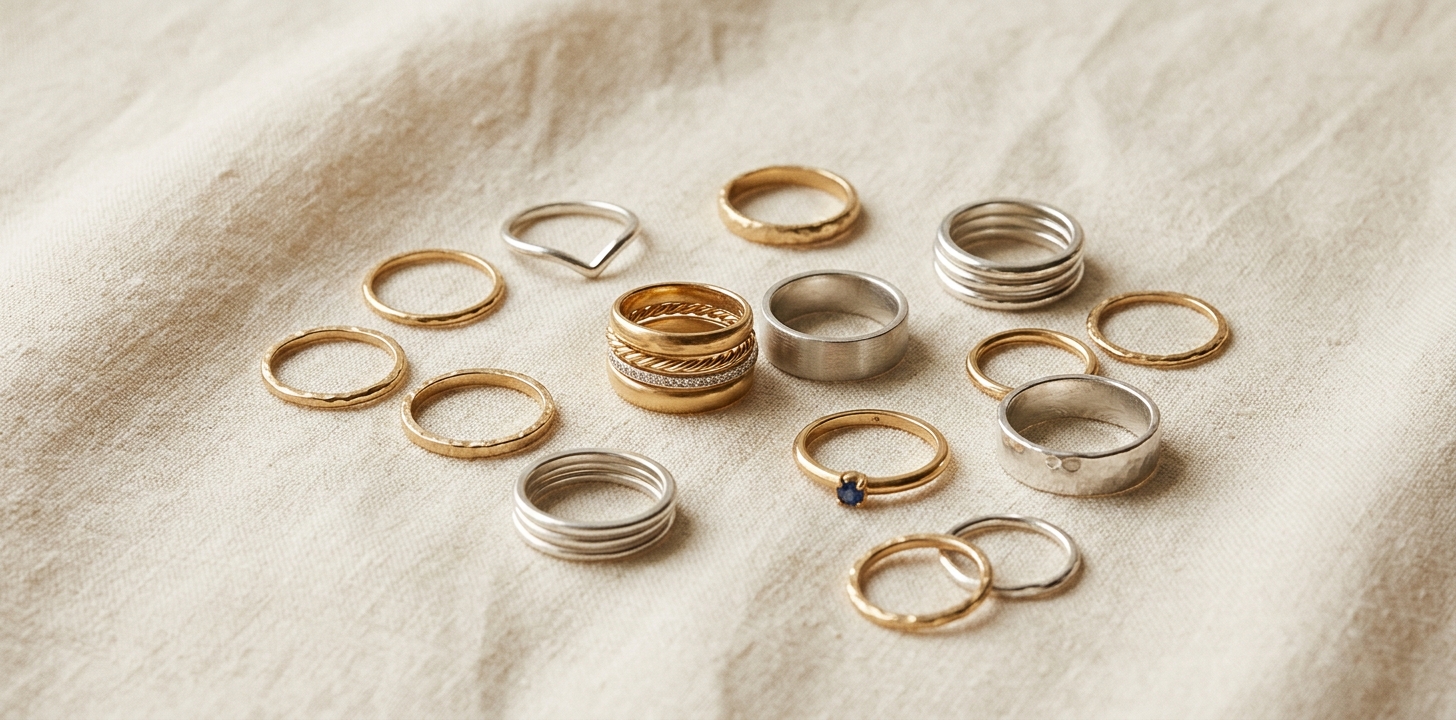 Guld- och silverringar i olika stilar och storlekar spridda på linnetyg