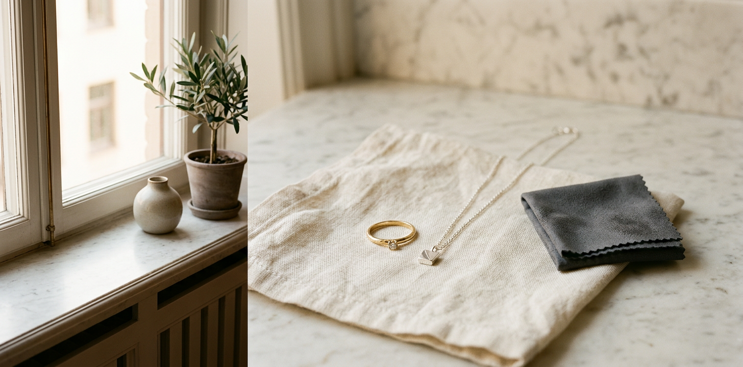Guldhalsband och ring på linnetyg bredvid polerduk på marmoryta i skandinavisk lägenhet