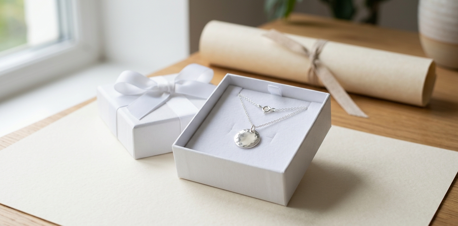 Silversmycke i presentbox på linjerat papper — studentpresent