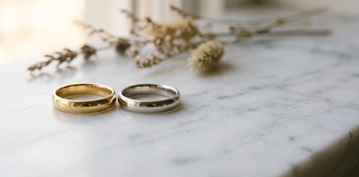 Par vigselringar i guld och vitguld på marmoryta